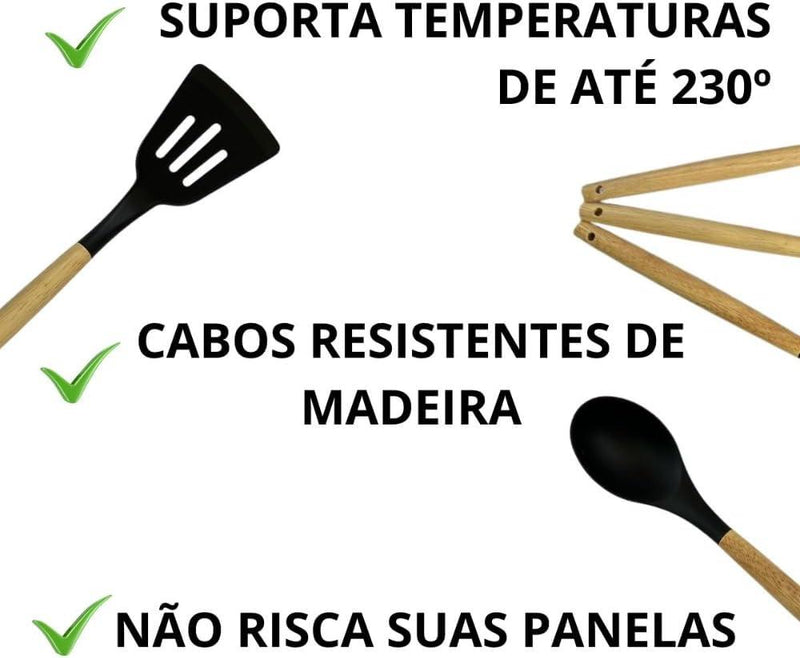 Jogo Utensílios de Cozinha em Silicone Madeira 12 Peças