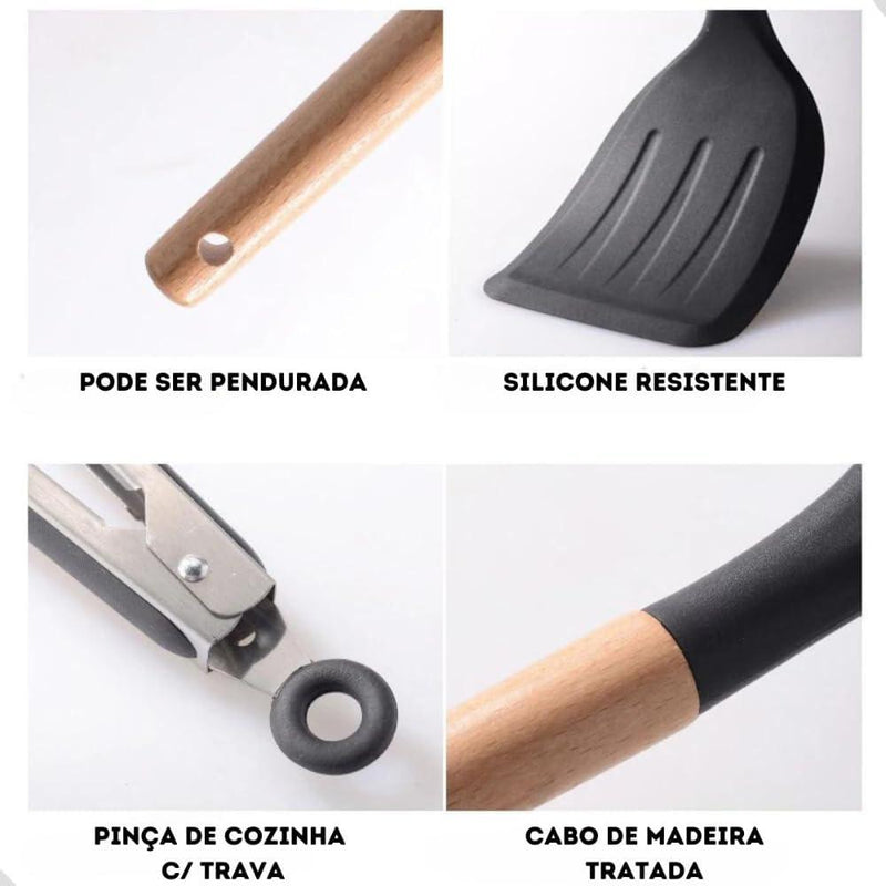 Jogo Utensílios de Cozinha em Silicone Madeira 12 Peças